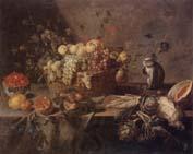 Adriaen Van Utrecht Still life of a basket of apples,grapes,plums,figs,gooseberries and redcurrants,together with a monkey,artichokes,celery,a melon,a pomegranate,a lemon China oil painting art